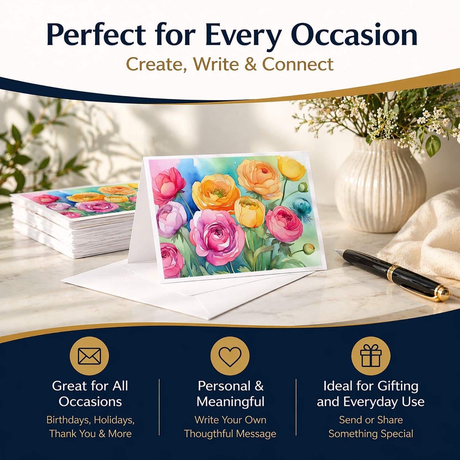 Ranunculus in Watercolor Greeting Cards Pack of 8 Blank Cards with Envelopes Whimsical A7 Size 5x7