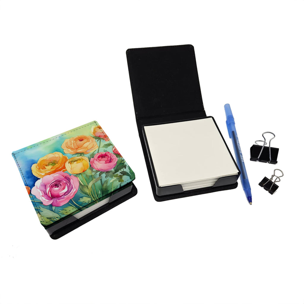 Ranunculus in Watercolor PU Leather Note Paper Holder with Artist-Designed Cover, Desk Accessory, Office Gift