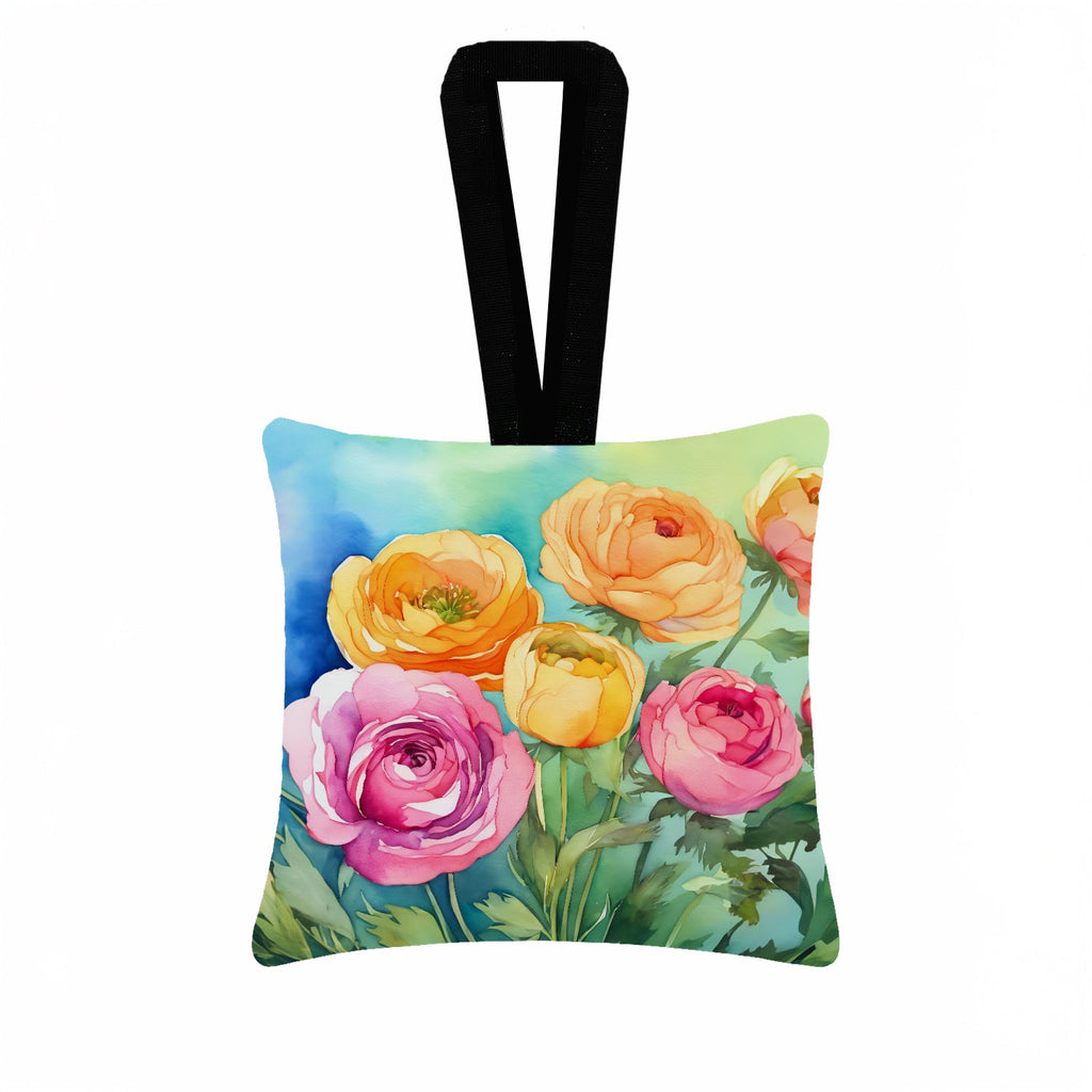 Ranunculus in Watercolor Hanging Square Fabric Ornament 3.5 × 3.5 Decorative Door-Knob & Tree Hanger, Soft Fabric