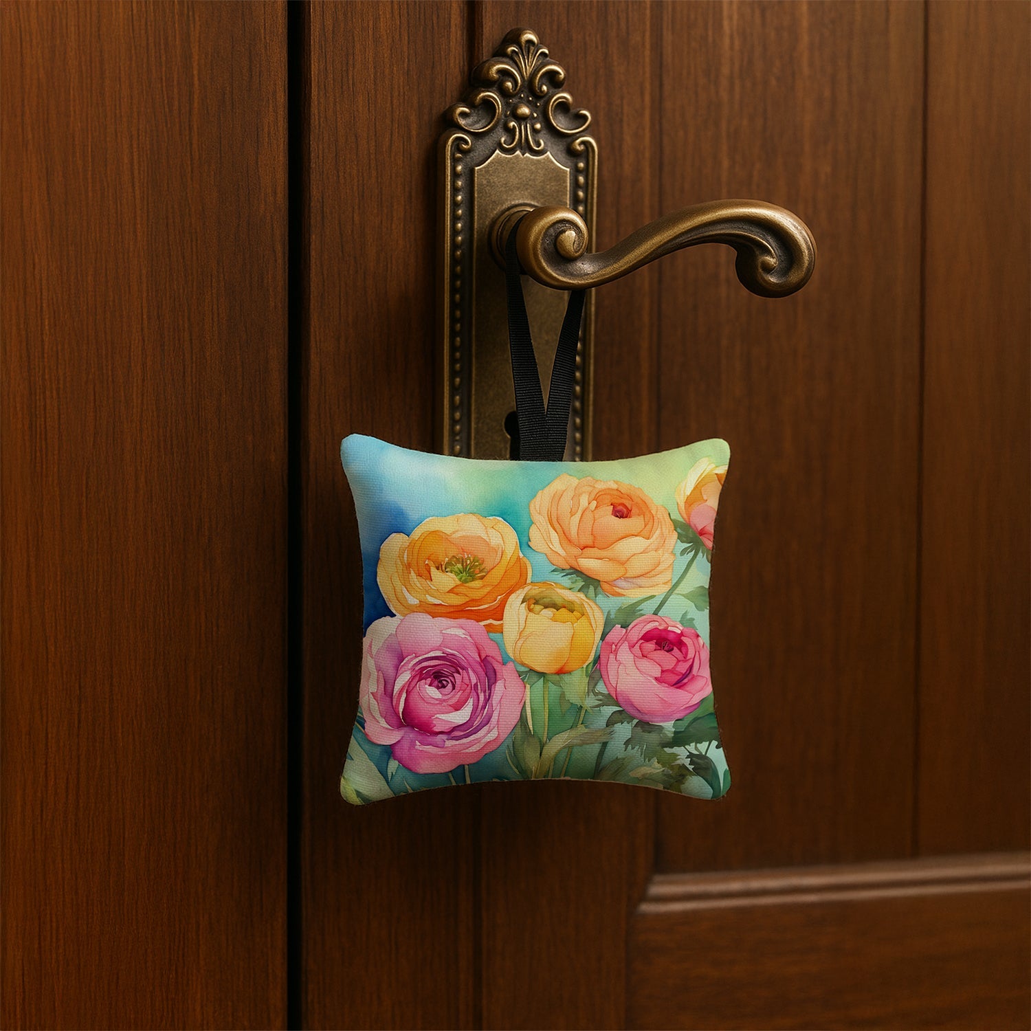 Ranunculus in Watercolor Hanging Square Fabric Ornament 3.5 × 3.5 Decorative Door-Knob & Tree Hanger, Soft Fabric