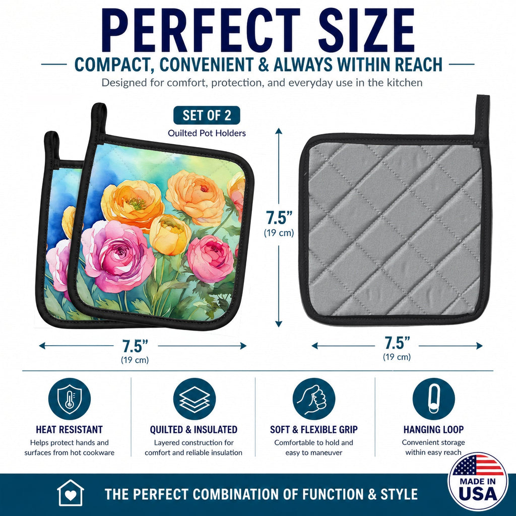 Ranunculus in Watercolor Pot Holder Set of 2 Heat Resistant Quilted Hot Pads 7.5 x 7.5 Inch, Insulated Kitchen Trivets for Cooking & Baking