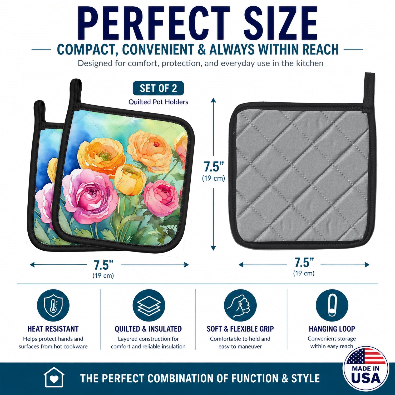 Ranunculus in Watercolor Pot Holder Set of 2 Heat Resistant Quilted Hot Pads 7.5 x 7.5 Inch, Insulated Kitchen Trivets for Cooking & Baking
