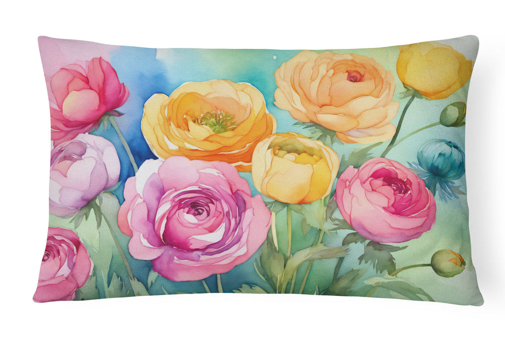 Ranunculus in Watercolor Decorative Throw Pillow 12x16 Indoor Outdoor Accent Cushion, Fabric Cover with Insert for Sofa, Bed, Porch & Living Room