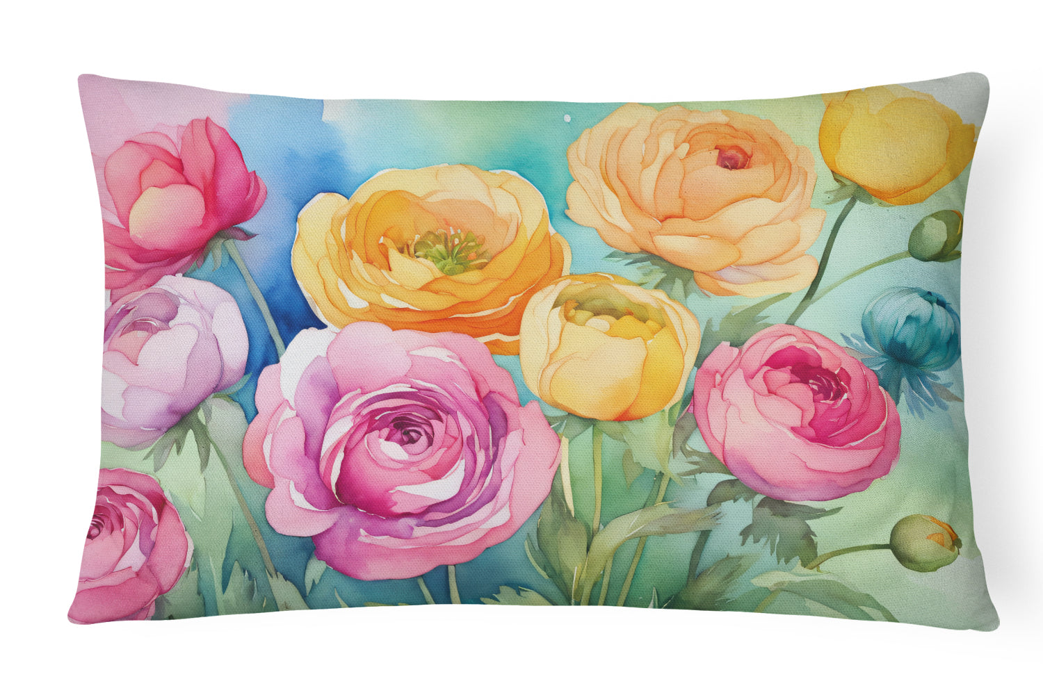 Ranunculus in Watercolor Decorative Throw Pillow 12x16 Indoor Outdoor Accent Cushion, Fabric Cover with Insert for Sofa, Bed, Porch & Living Room