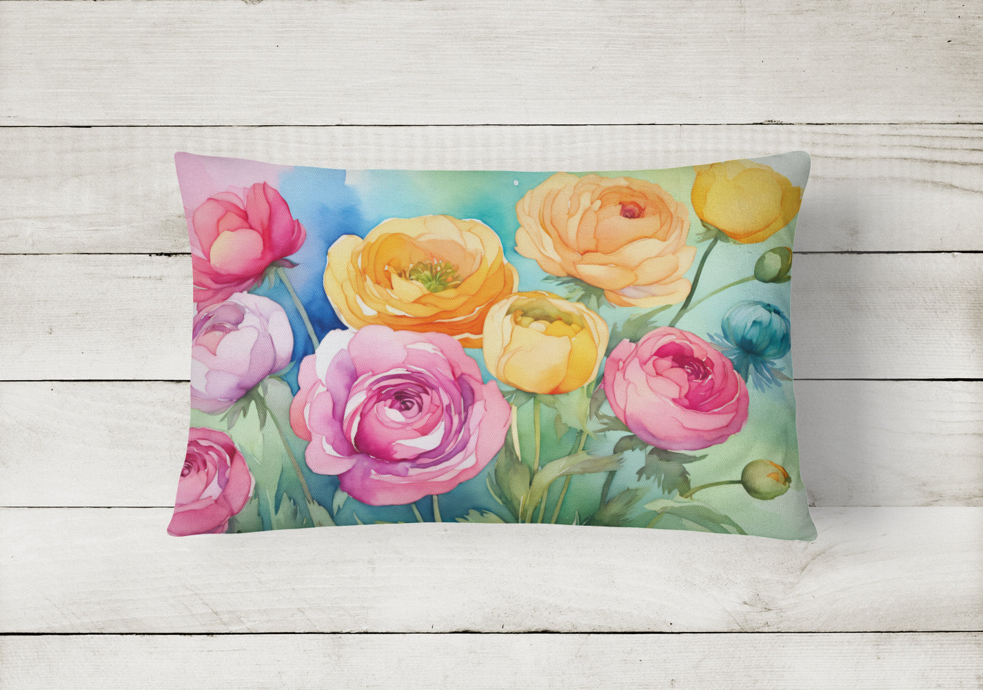Ranunculus in Watercolor Decorative Throw Pillow 12x16 Indoor Outdoor Accent Cushion, Fabric Cover with Insert for Sofa, Bed, Porch & Living Room