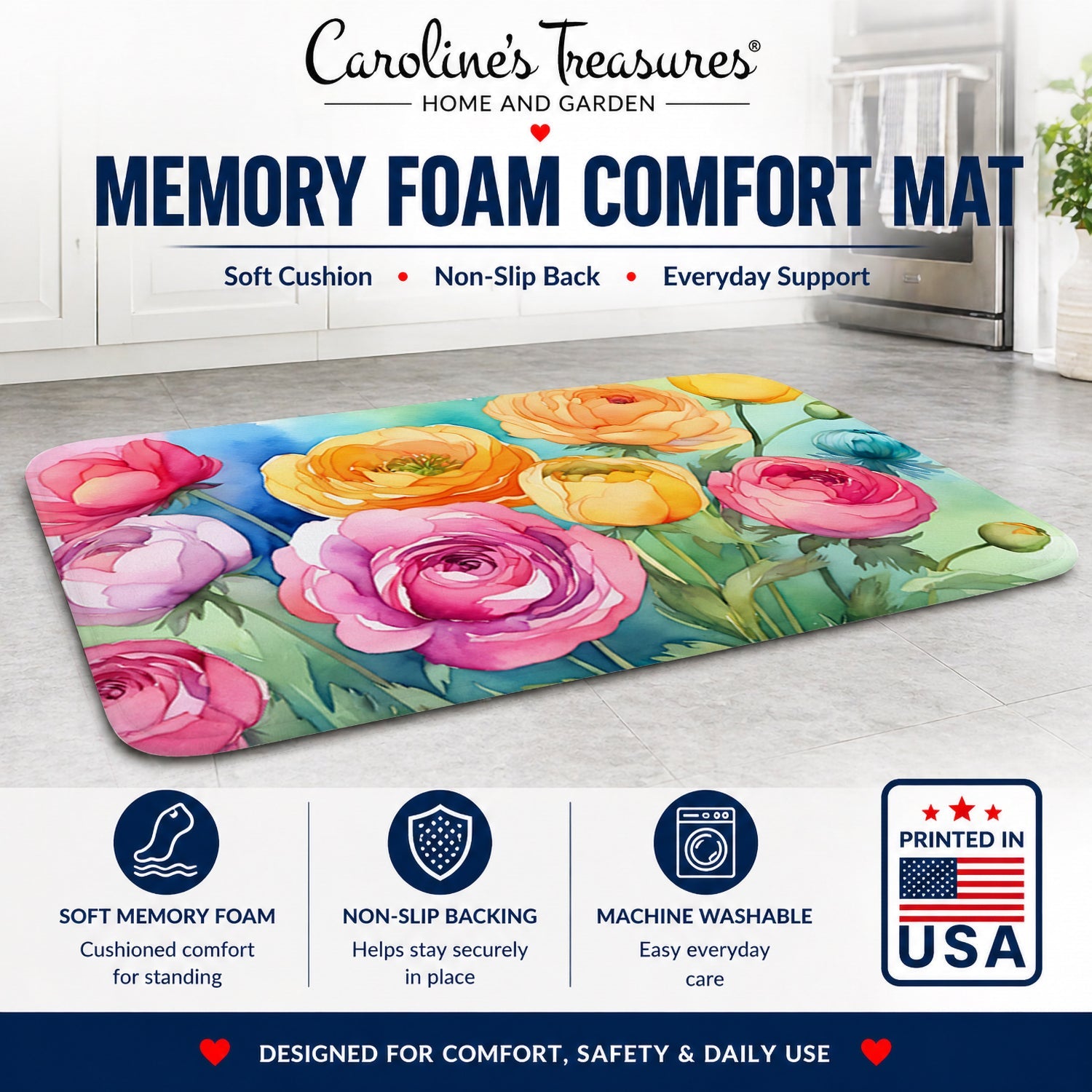 Ranunculus in Watercolor Memory Foam Kitchen Mat Machine Washable Anti-Fatigue Cushion Comfort Bath or Kitchen Rug