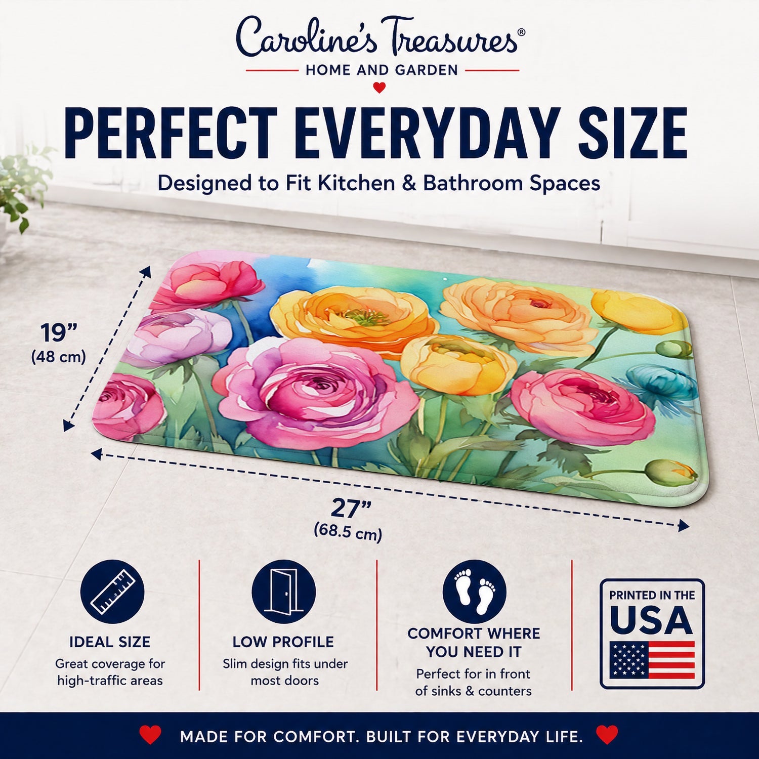 Ranunculus in Watercolor Memory Foam Kitchen Mat Machine Washable Anti-Fatigue Cushion Comfort Bath or Kitchen Rug