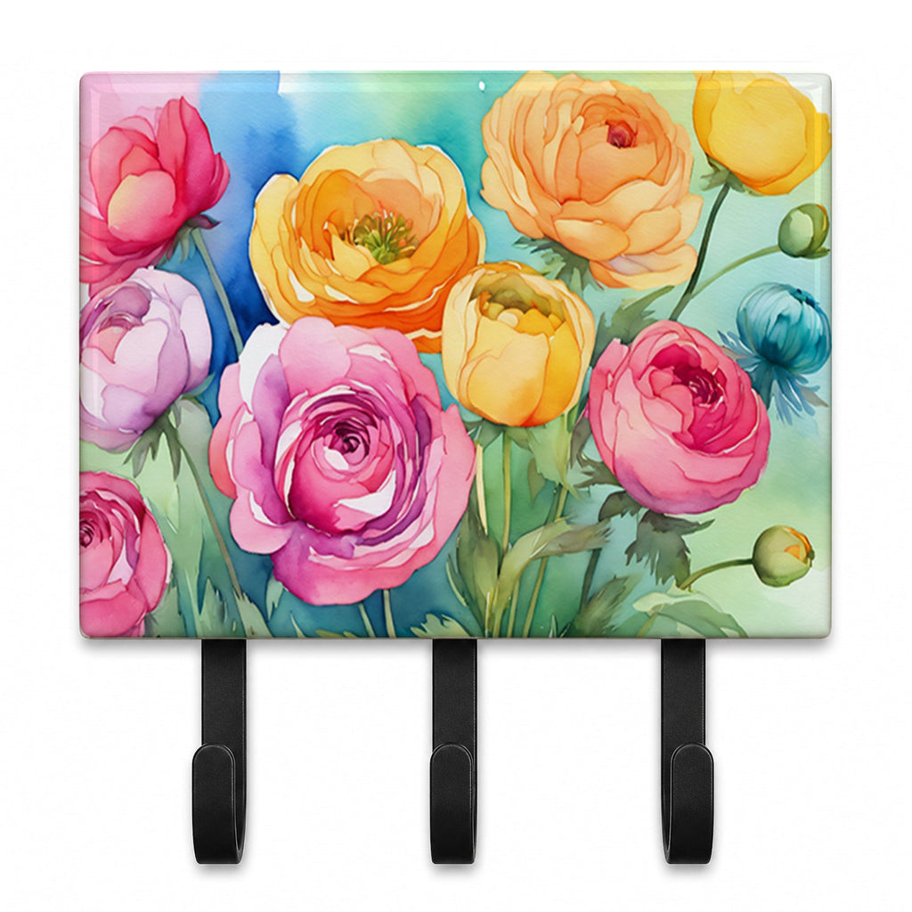 Ranunculus in Watercolor Leash or Key Holder Wall Hooks, Coat Rack Wall Mount, for Hanging Keys, Towels, Aprons, Leashes