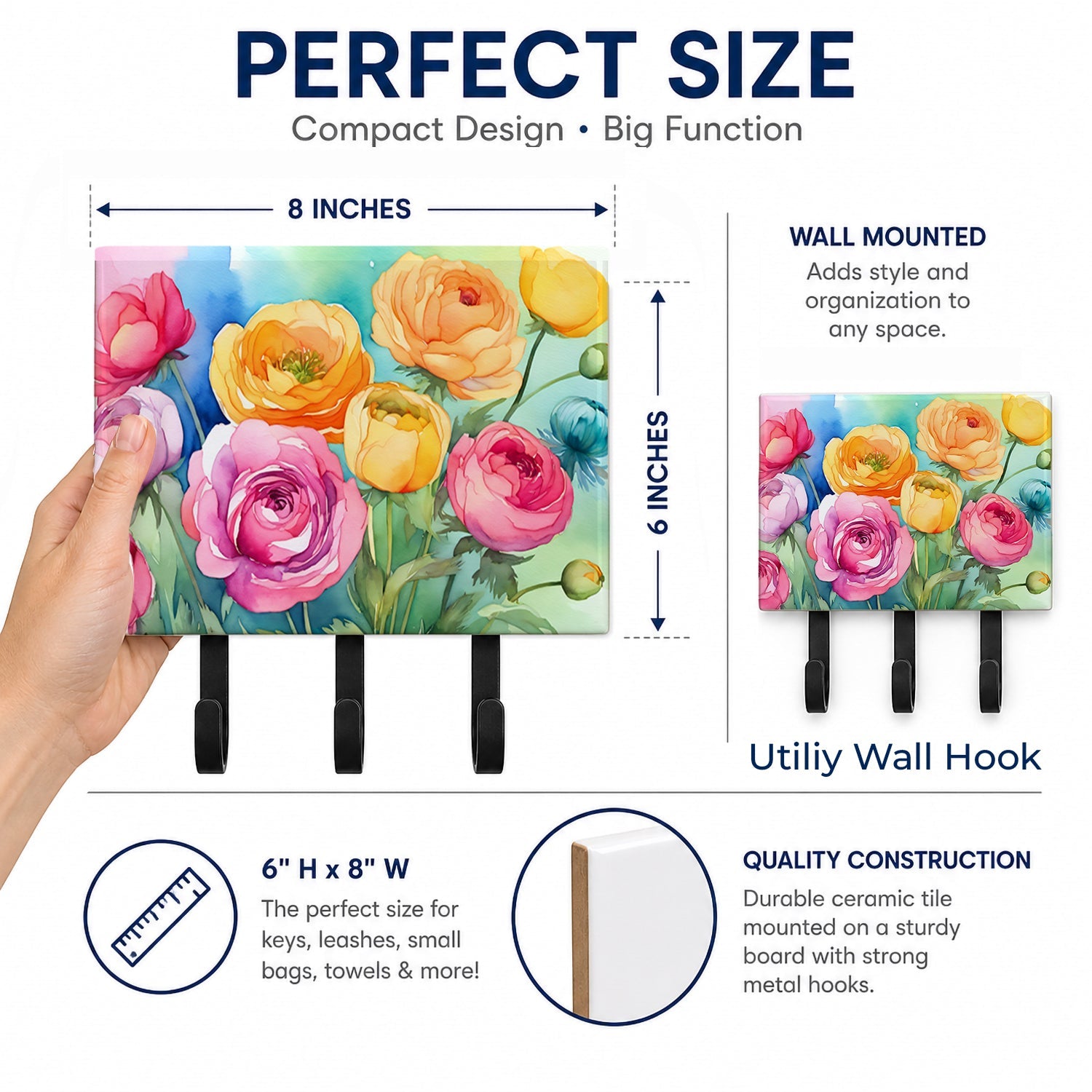 Ranunculus in Watercolor Leash or Key Holder Wall Hooks, Coat Rack Wall Mount, for Hanging Keys, Towels, Aprons, Leashes