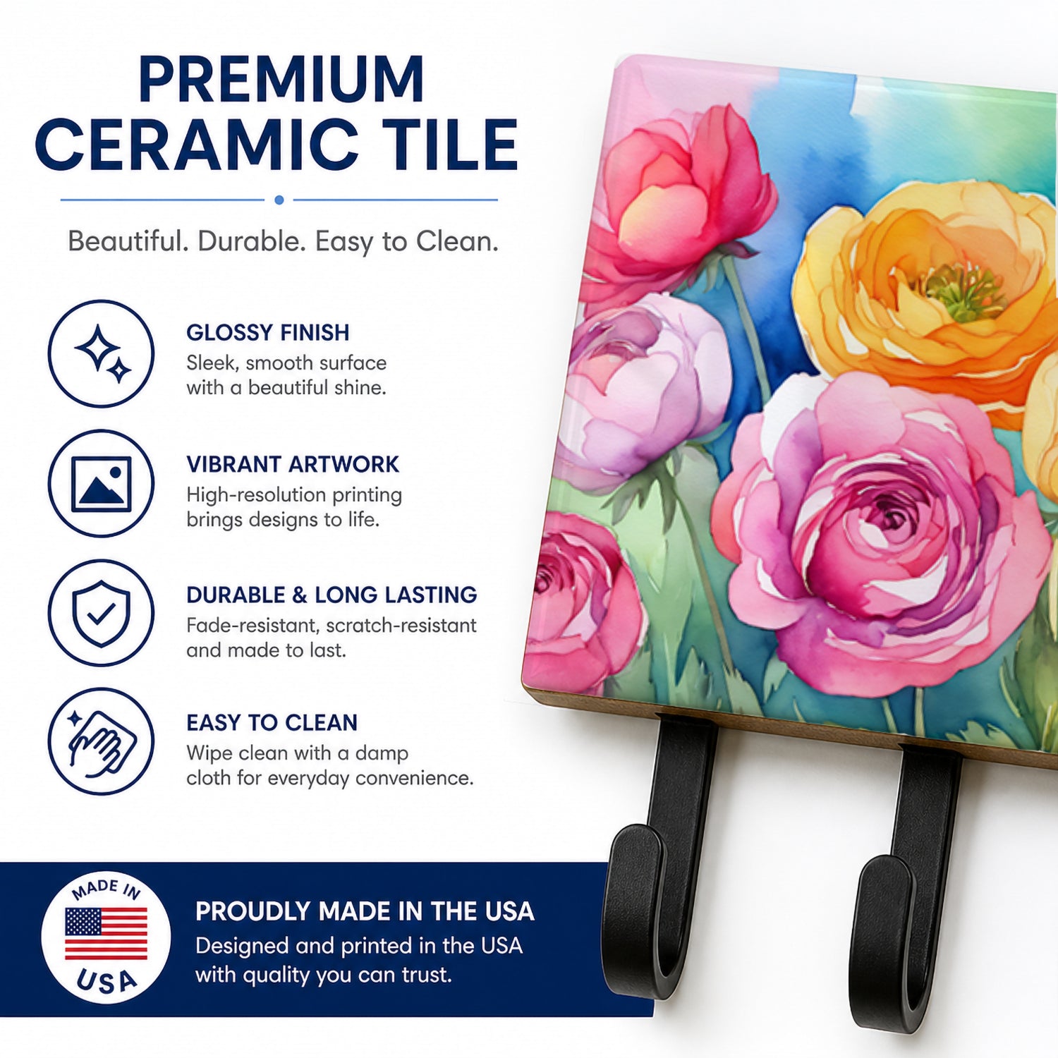 Ranunculus in Watercolor Leash or Key Holder Wall Hooks, Coat Rack Wall Mount, for Hanging Keys, Towels, Aprons, Leashes