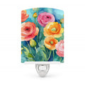 Ranunculus in Watercolor Ceramic Night Light Compact, UL-Certified, Ideal for Bedroom, Bathroom, Nursery, Hallway, Kitchen, 6x4x3, Multicolor