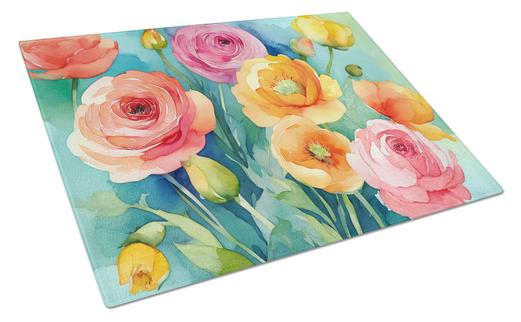 Ranunculus in Watercolor Cutting Board Tempered Glass Kitchen Cutting Surface, Heat Resistant Chopping, Non-Slip Feet, Food Prep & Serving