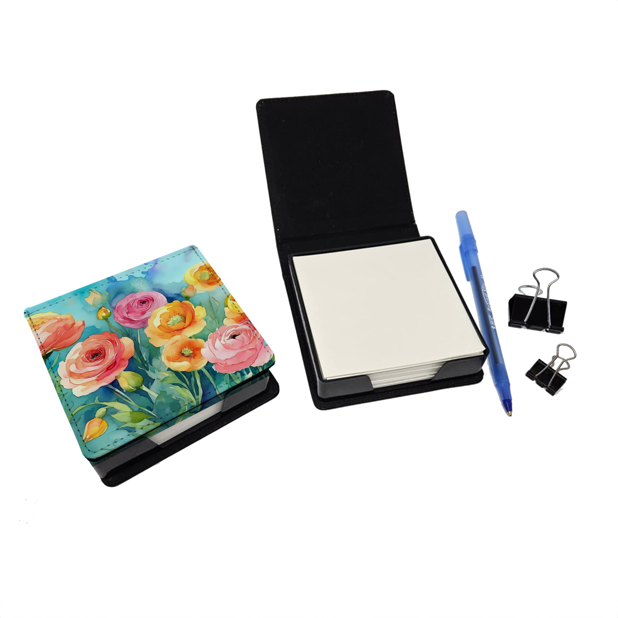 Ranunculus in Watercolor PU Leather Note Paper Holder with Artist-Designed Cover, Desk Accessory, Office Gift