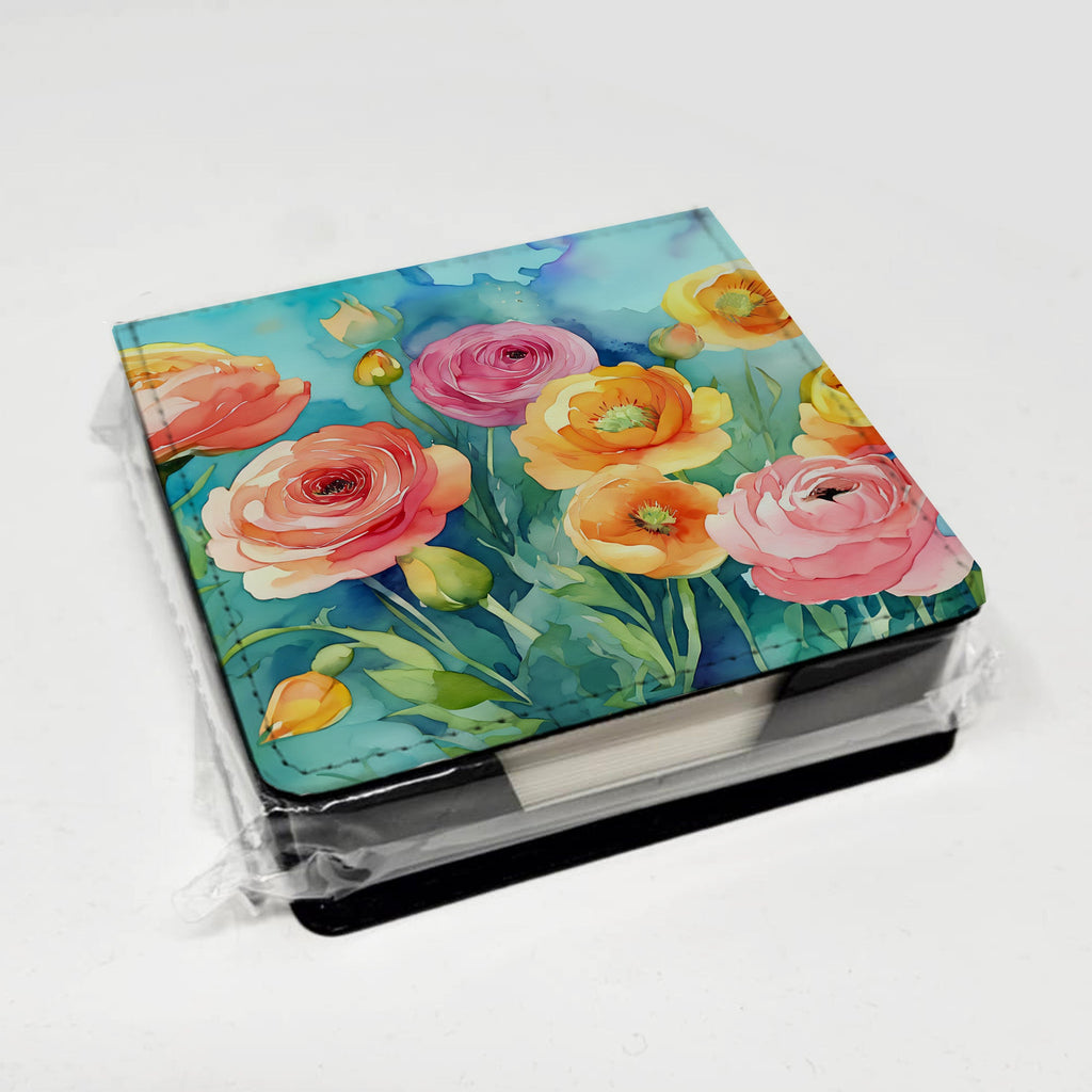 Ranunculus in Watercolor PU Leather Note Paper Holder with Artist-Designed Cover, Desk Accessory, Office Gift