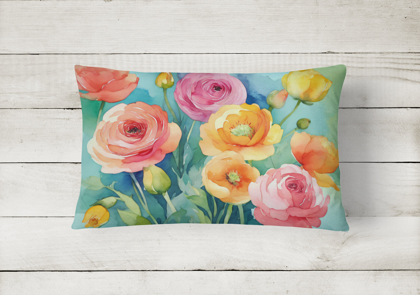 Ranunculus in Watercolor Decorative Throw Pillow 12x16 Indoor Outdoor Accent Cushion, Fabric Cover with Insert for Sofa, Bed, Porch & Living Room