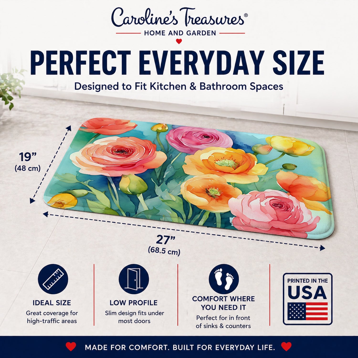 Ranunculus in Watercolor Memory Foam Kitchen Mat Machine Washable Anti-Fatigue Cushion Comfort Bath or Kitchen Rug