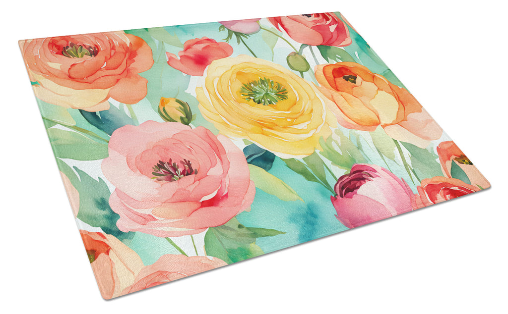 Ranunculus in Watercolor Cutting Board Tempered Glass Kitchen Cutting Surface, Heat Resistant Chopping, Non-Slip Feet, Food Prep & Serving
