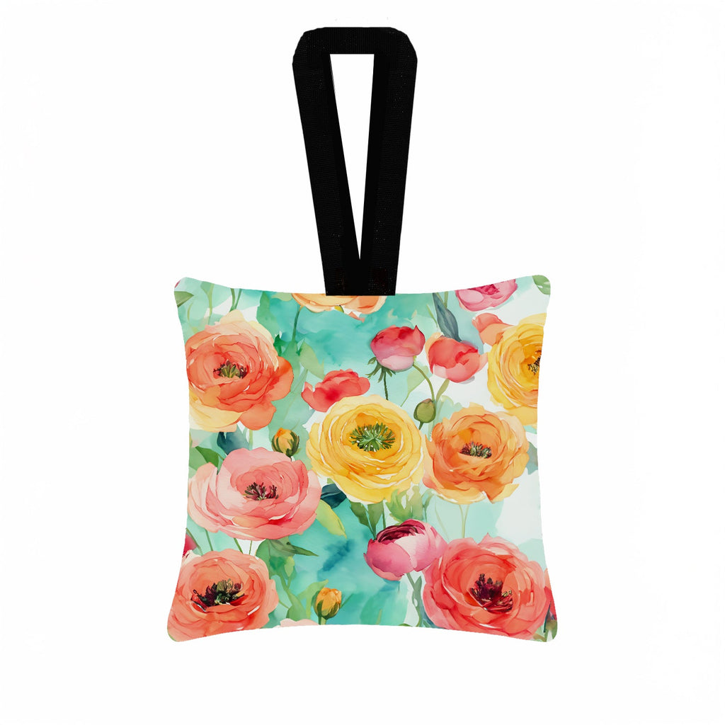 Ranunculus in Watercolor Hanging Square Fabric Ornament 3.5 × 3.5 Decorative Door-Knob & Tree Hanger, Soft Fabric