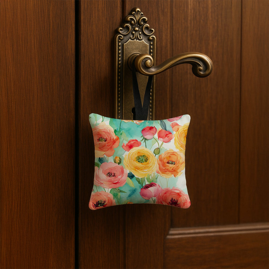 Ranunculus in Watercolor Hanging Square Fabric Ornament 3.5 × 3.5 Decorative Door-Knob & Tree Hanger, Soft Fabric