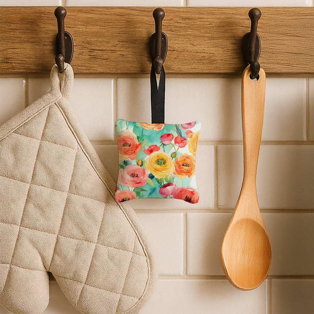 Ranunculus in Watercolor Hanging Square Fabric Ornament 3.5 × 3.5 Decorative Door-Knob & Tree Hanger, Soft Fabric