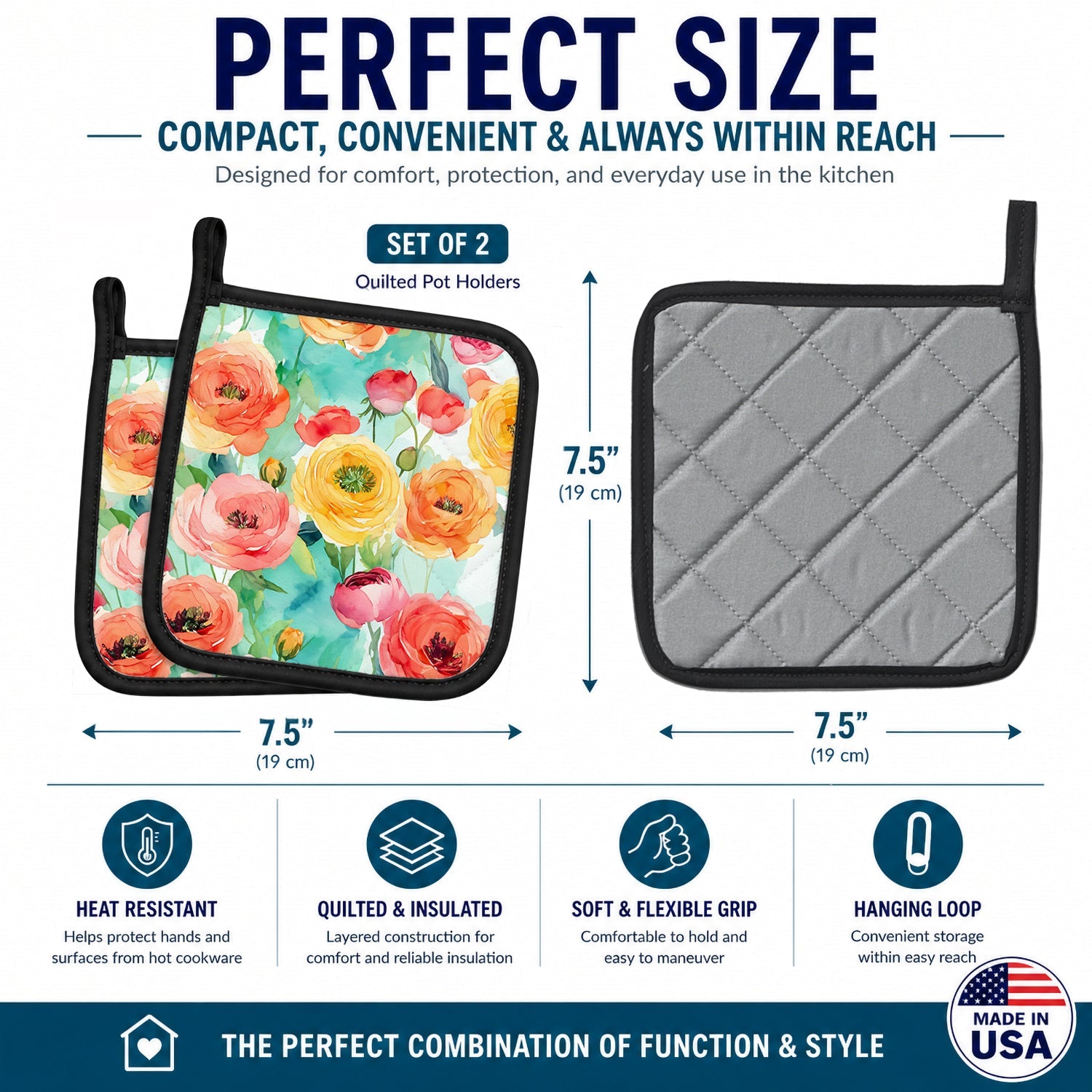 Ranunculus in Watercolor Pot Holder Set of 2 Heat Resistant Quilted Hot Pads 7.5 x 7.5 Inch, Insulated Kitchen Trivets for Cooking & Baking
