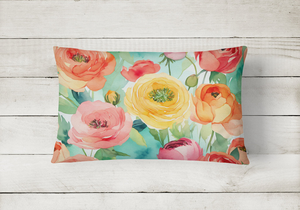 Ranunculus in Watercolor Decorative Throw Pillow 12x16 Indoor Outdoor Accent Cushion, Fabric Cover with Insert for Sofa, Bed, Porch & Living Room