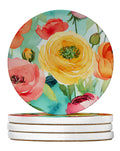 Ranunculus in Watercolor Large Sandstone Coasters Pack of 4 Absorbent Round Coasters Decor Gifts for Men or Women, 4 in, Multicolor
