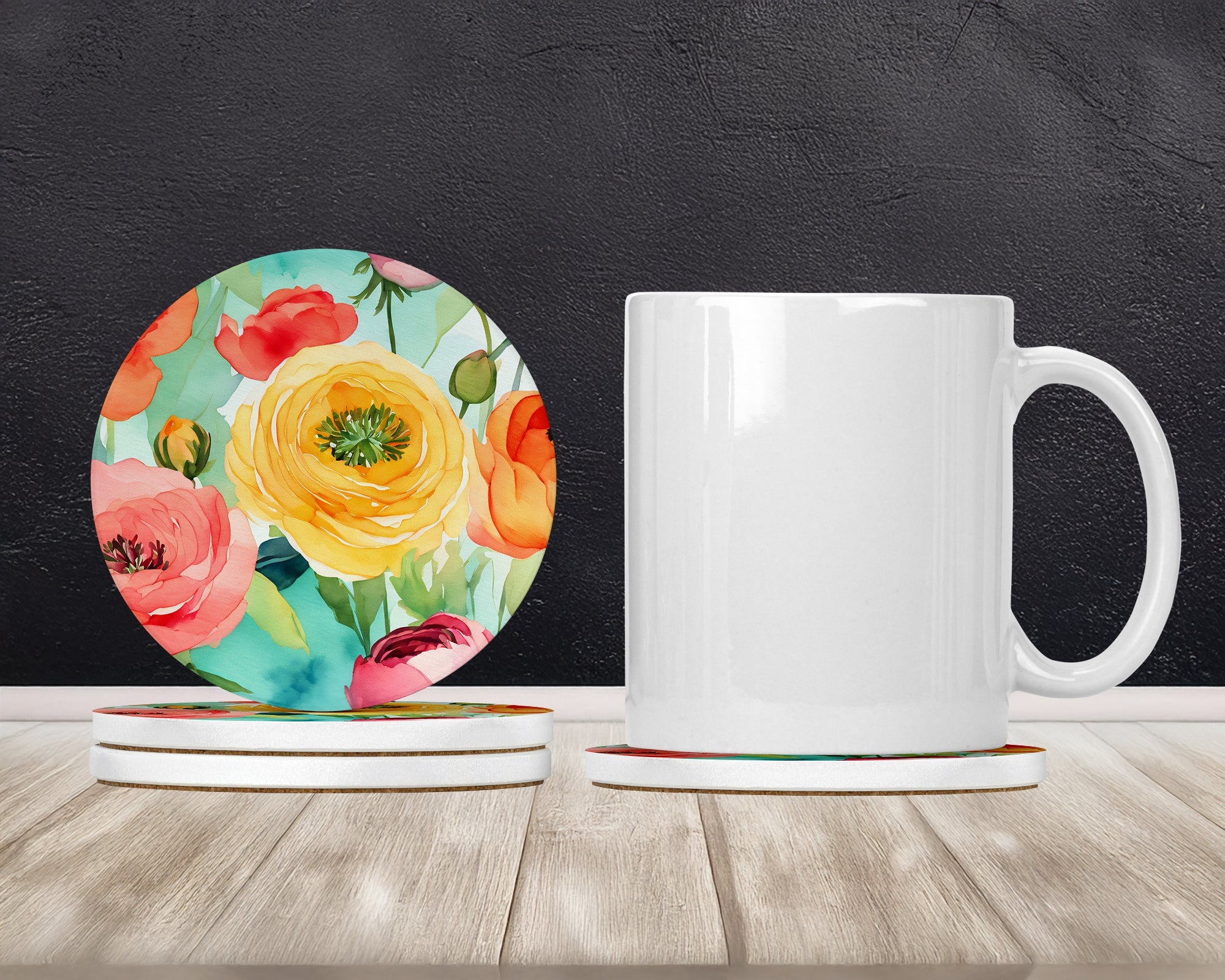 Ranunculus in Watercolor Large Sandstone Coasters Pack of 4 Absorbent Round Coasters Decor Gifts for Men or Women, 4 in, Multicolor