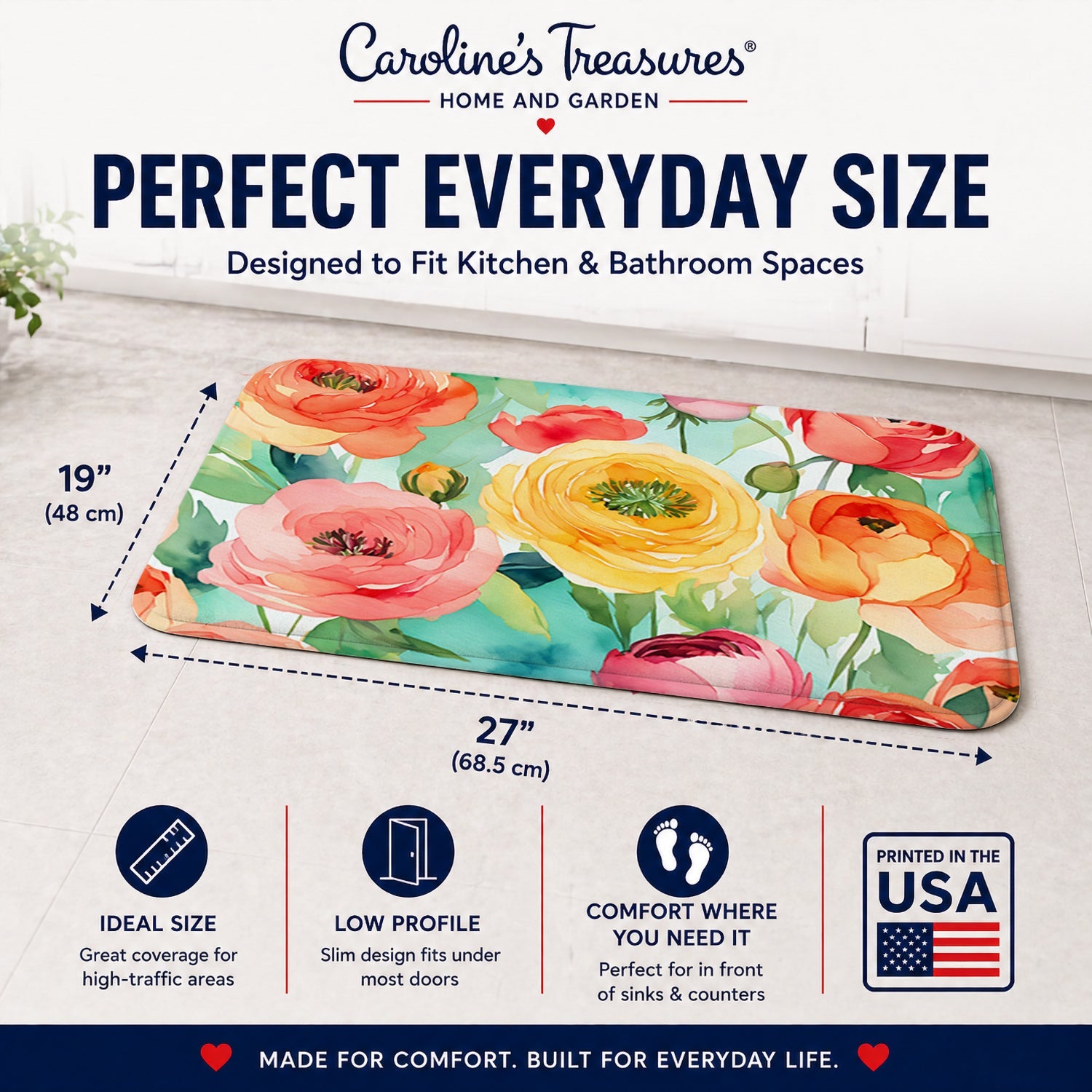 Ranunculus in Watercolor Memory Foam Kitchen Mat Machine Washable Anti-Fatigue Cushion Comfort Bath or Kitchen Rug