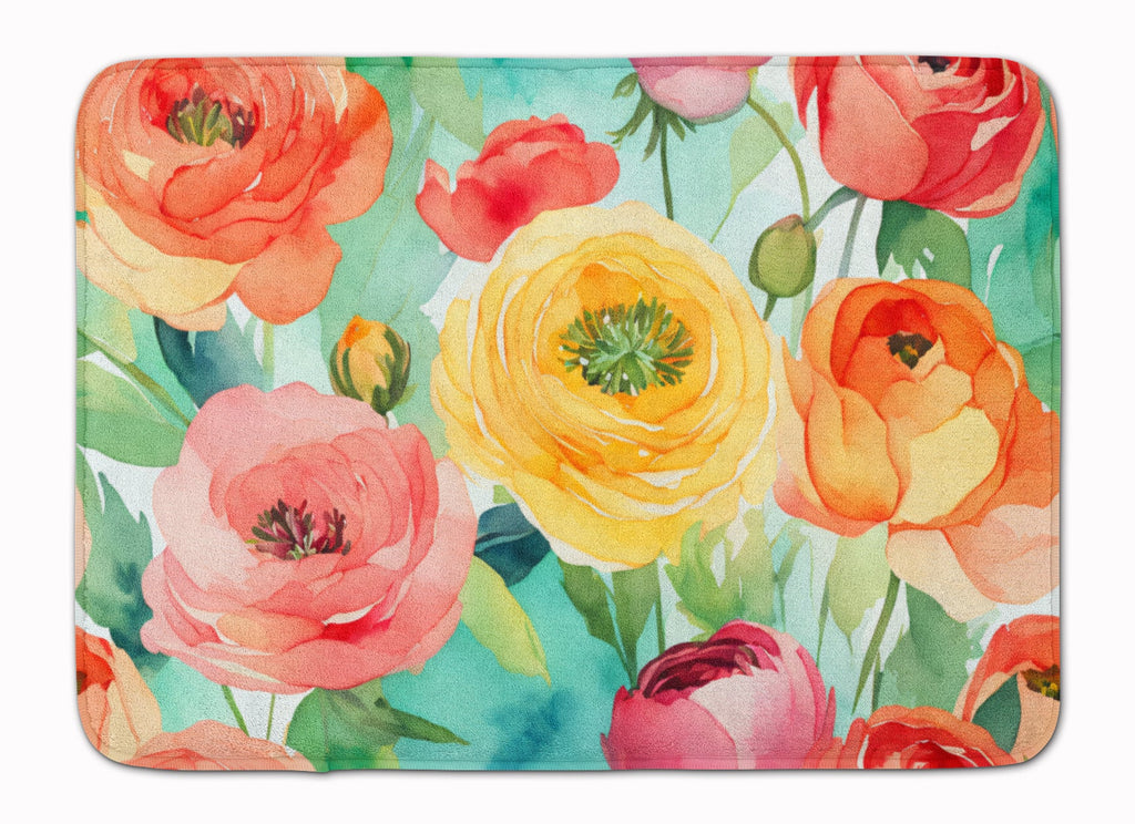 Ranunculus in Watercolor Memory Foam Kitchen Mat Machine Washable Anti-Fatigue Cushion Comfort Bath or Kitchen Rug