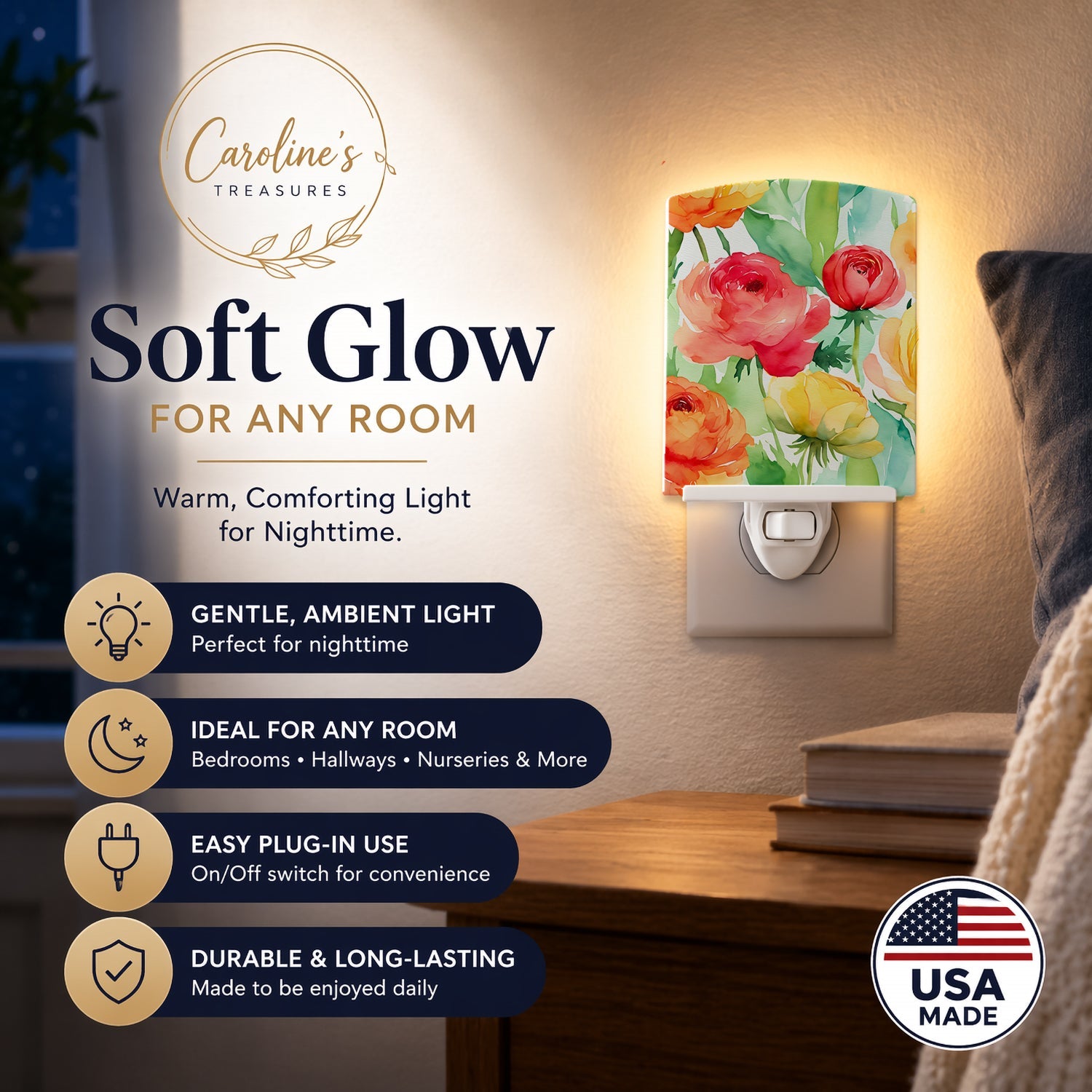Ranunculus in Watercolor Ceramic Night Light Compact, UL-Certified, Ideal for Bedroom, Bathroom, Nursery, Hallway, Kitchen, 6x4x3, Multicolor