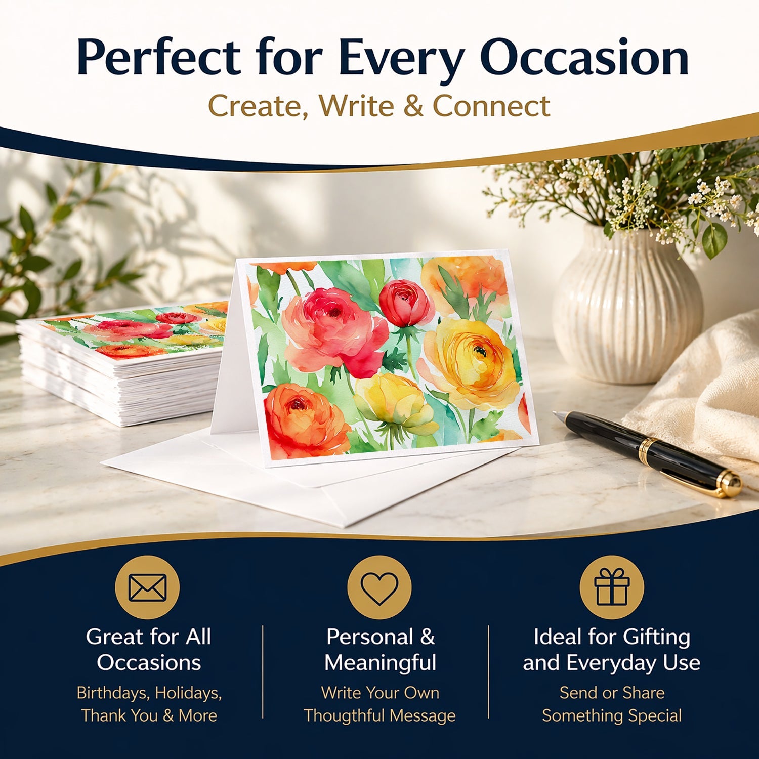 Ranunculus in Watercolor Greeting Cards Pack of 8 Blank Cards with Envelopes Whimsical A7 Size 5x7