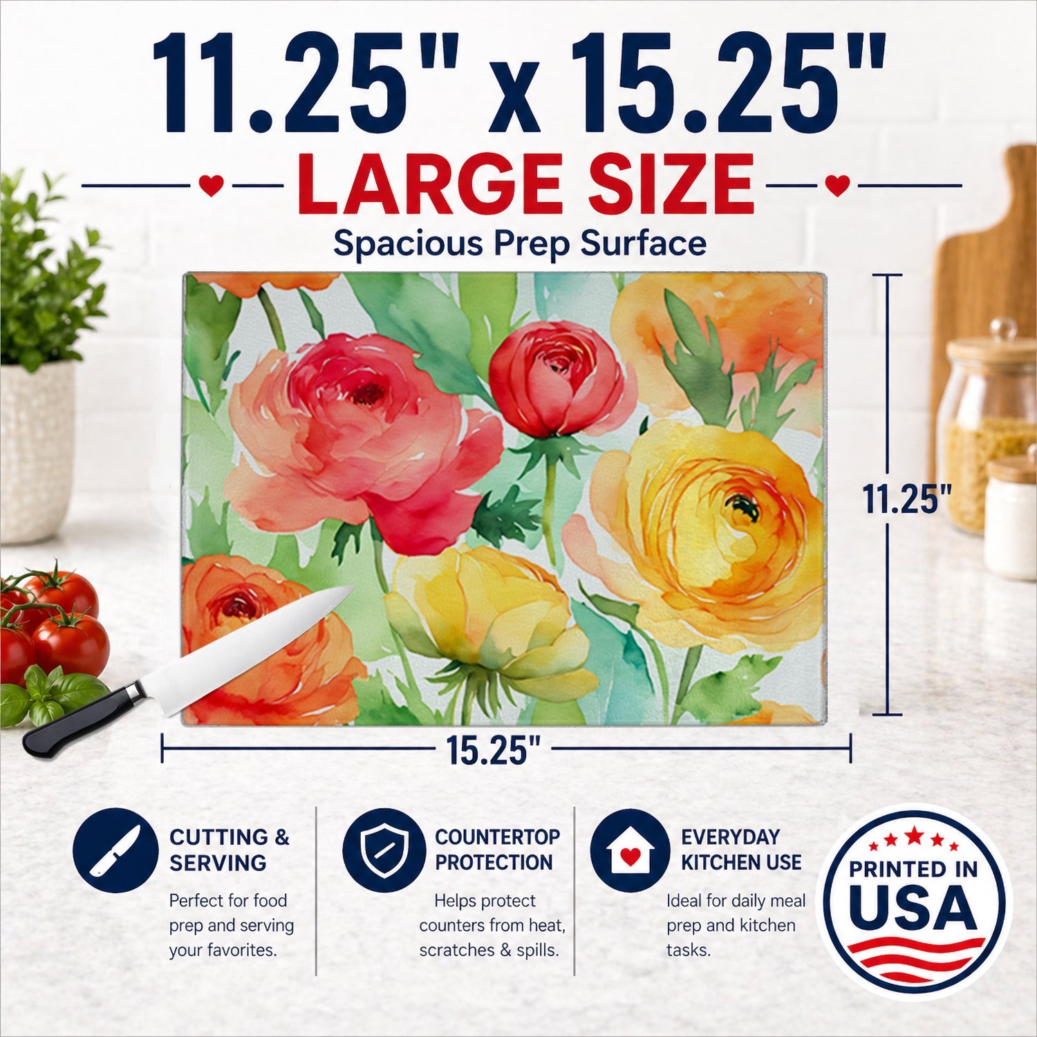 Ranunculus in Watercolor Cutting Board Tempered Glass Kitchen Cutting Surface, Heat Resistant Chopping, Non-Slip Feet, Food Prep & Serving
