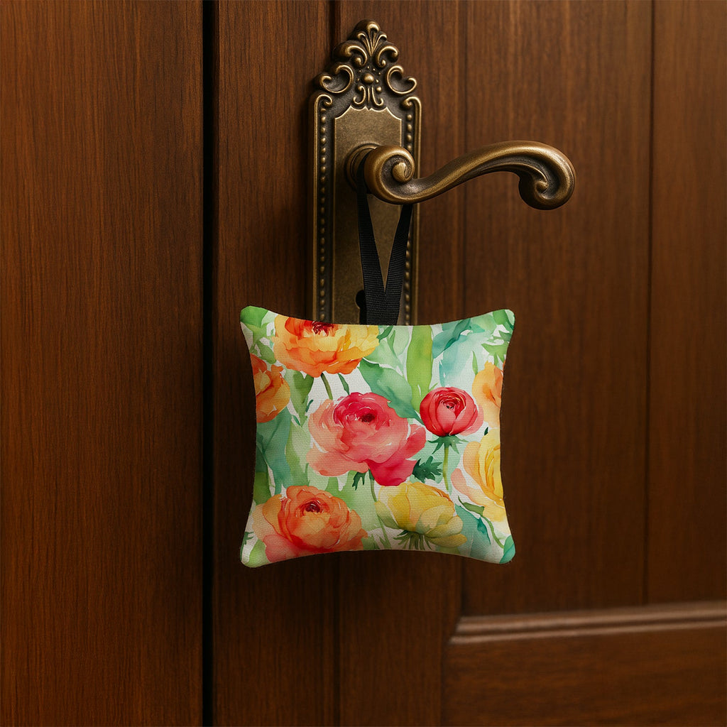 Ranunculus in Watercolor Hanging Square Fabric Ornament 3.5 × 3.5 Decorative Door-Knob & Tree Hanger, Soft Fabric