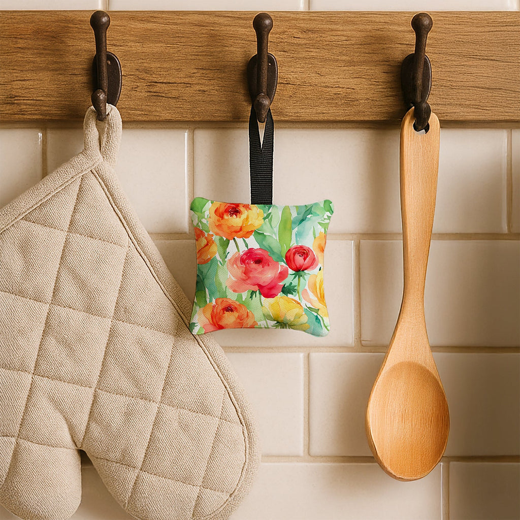 Ranunculus in Watercolor Hanging Square Fabric Ornament 3.5 × 3.5 Decorative Door-Knob & Tree Hanger, Soft Fabric