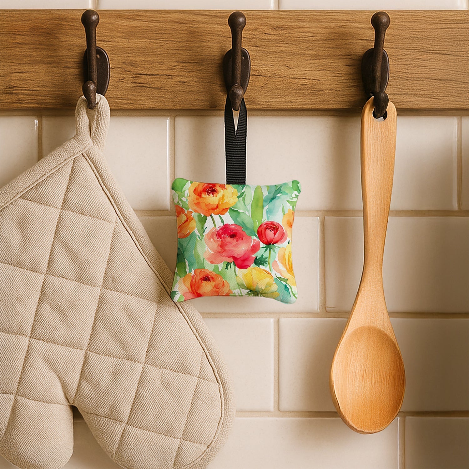 Ranunculus in Watercolor Hanging Square Fabric Ornament 3.5 × 3.5 Decorative Door-Knob & Tree Hanger, Soft Fabric