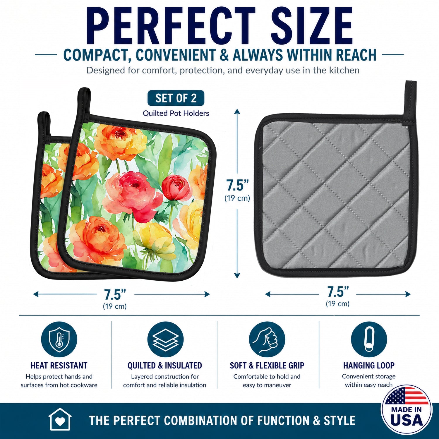 Ranunculus in Watercolor Pot Holder Set of 2 Heat Resistant Quilted Hot Pads 7.5 x 7.5 Inch, Insulated Kitchen Trivets for Cooking & Baking