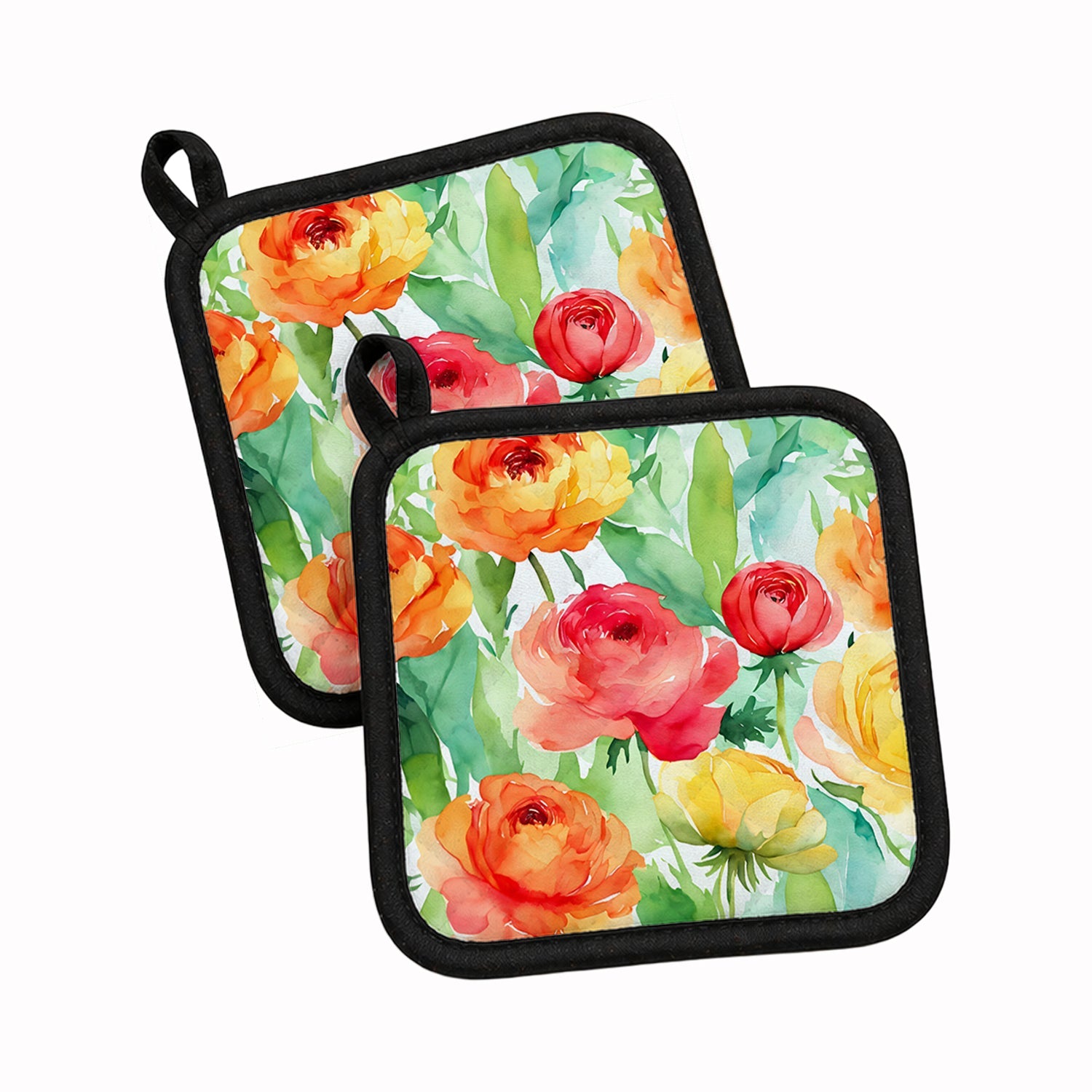 Ranunculus in Watercolor Pot Holder Set of 2 Heat Resistant Quilted Hot Pads 7.5 x 7.5 Inch, Insulated Kitchen Trivets for Cooking & Baking