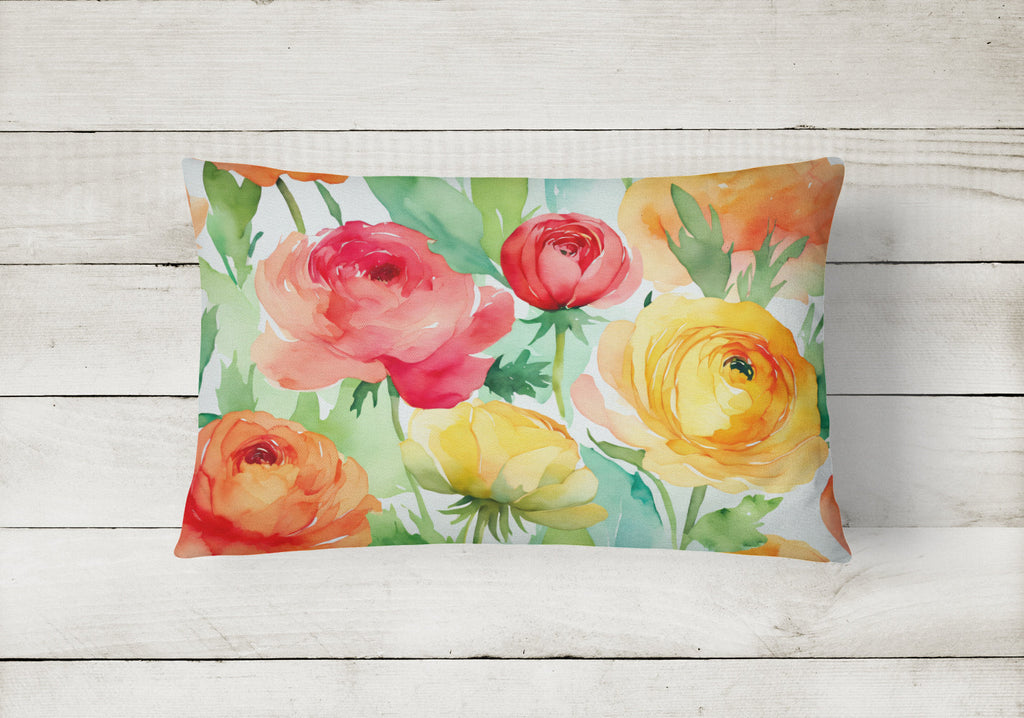 Ranunculus in Watercolor Decorative Throw Pillow 12x16 Indoor Outdoor Accent Cushion, Fabric Cover with Insert for Sofa, Bed, Porch & Living Room