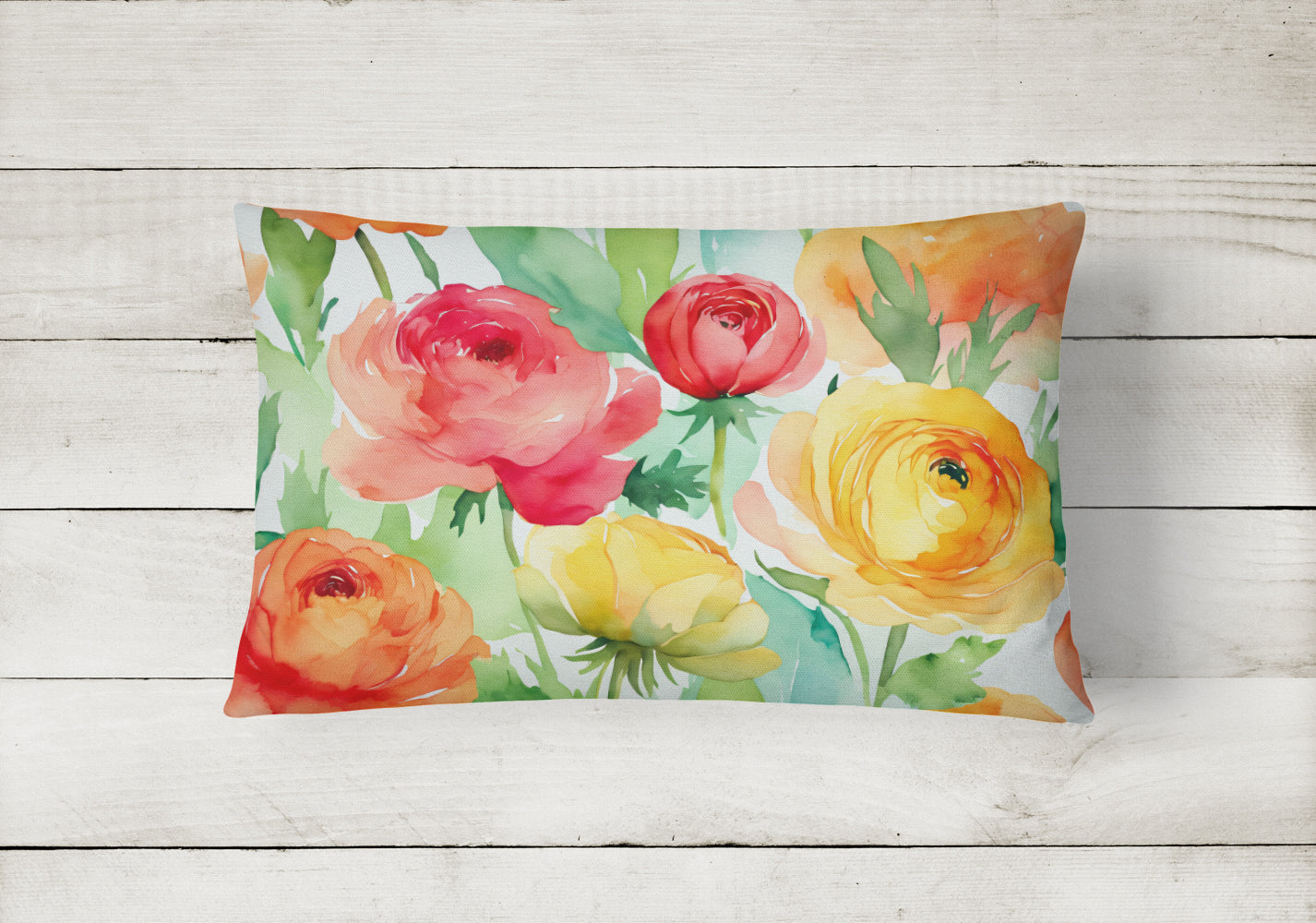 Ranunculus in Watercolor Decorative Throw Pillow 12x16 Indoor Outdoor Accent Cushion, Fabric Cover with Insert for Sofa, Bed, Porch & Living Room