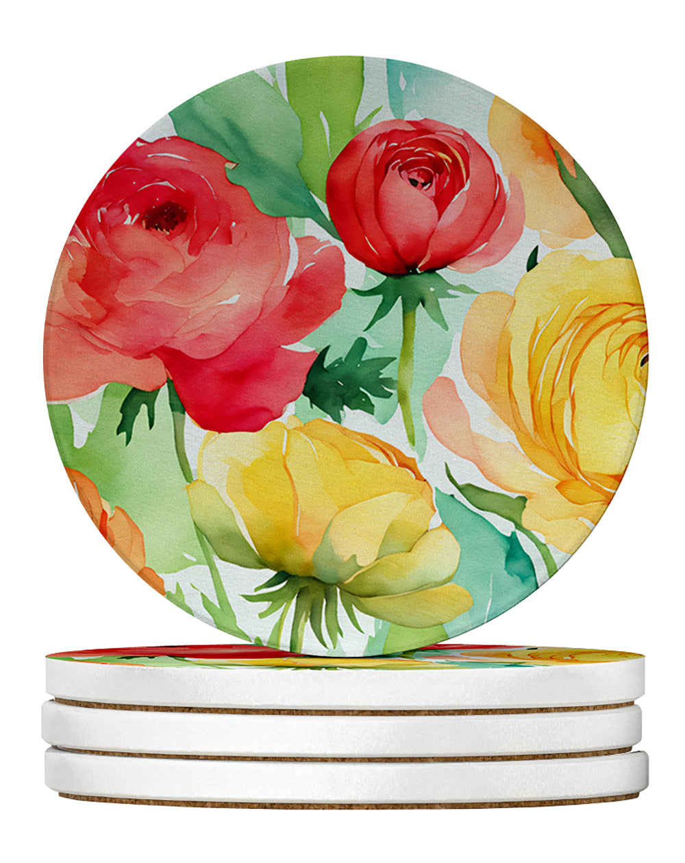 Ranunculus in Watercolor Large Sandstone Coasters Pack of 4 Absorbent Round Coasters Decor Gifts for Men or Women, 4 in, Multicolor