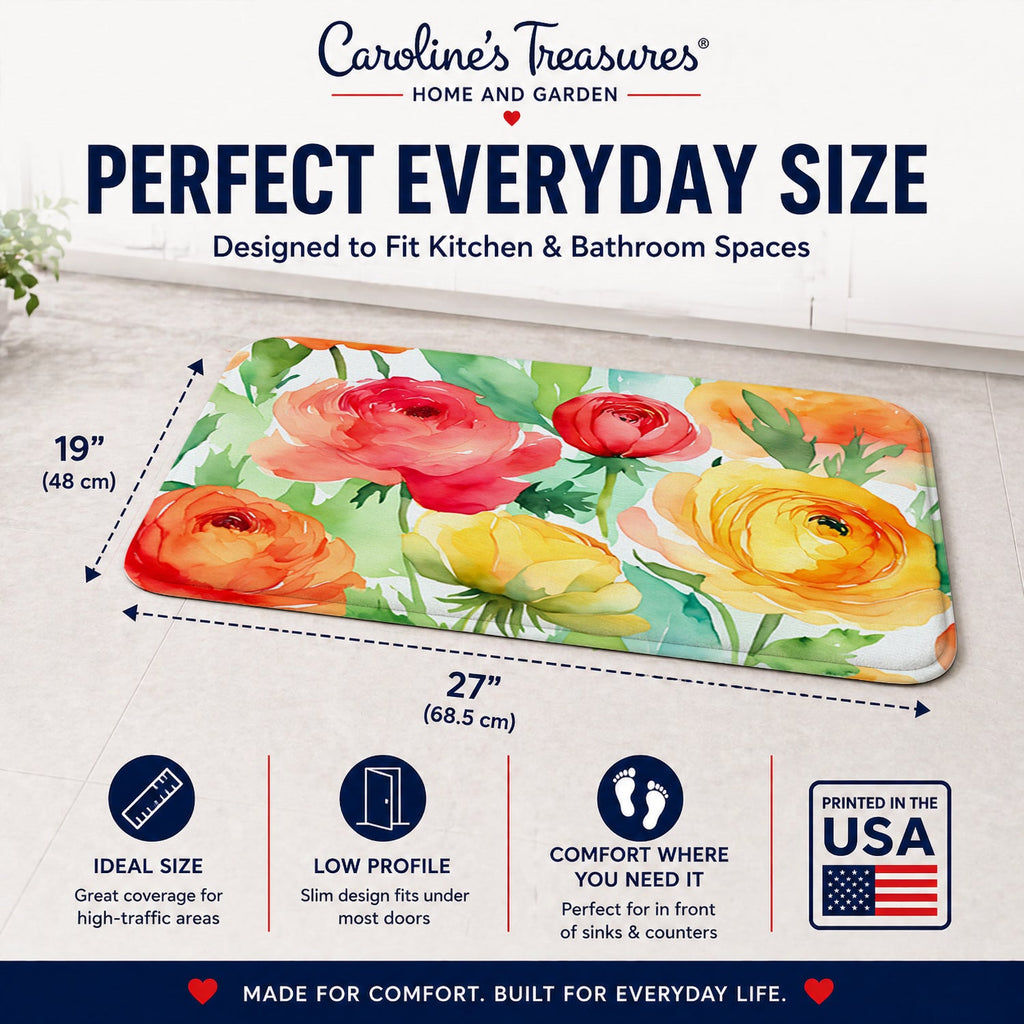 Ranunculus in Watercolor Memory Foam Kitchen Mat Machine Washable Anti-Fatigue Cushion Comfort Bath or Kitchen Rug