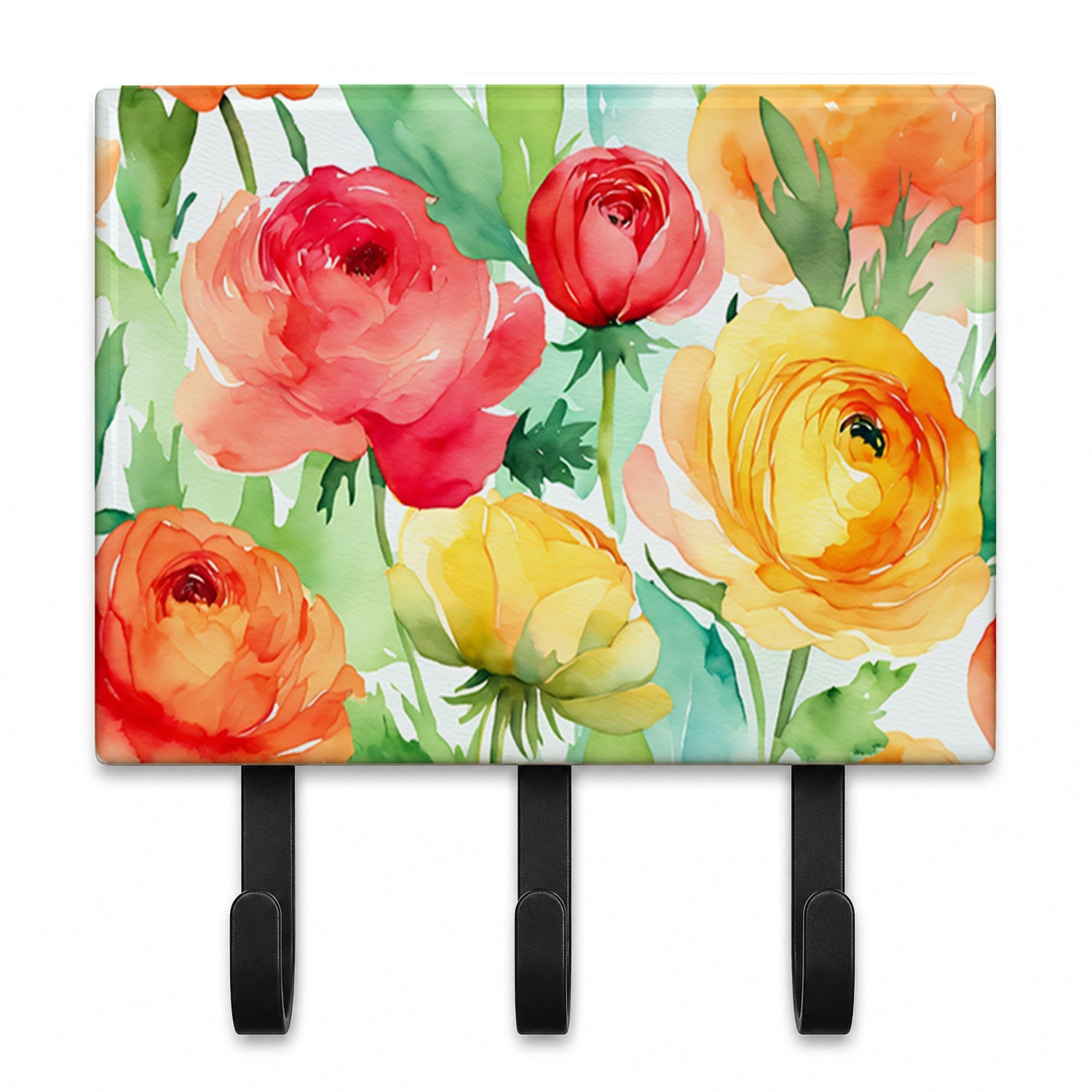 Ranunculus in Watercolor Leash or Key Holder Wall Hooks, Coat Rack Wall Mount, for Hanging Keys, Towels, Aprons, Leashes