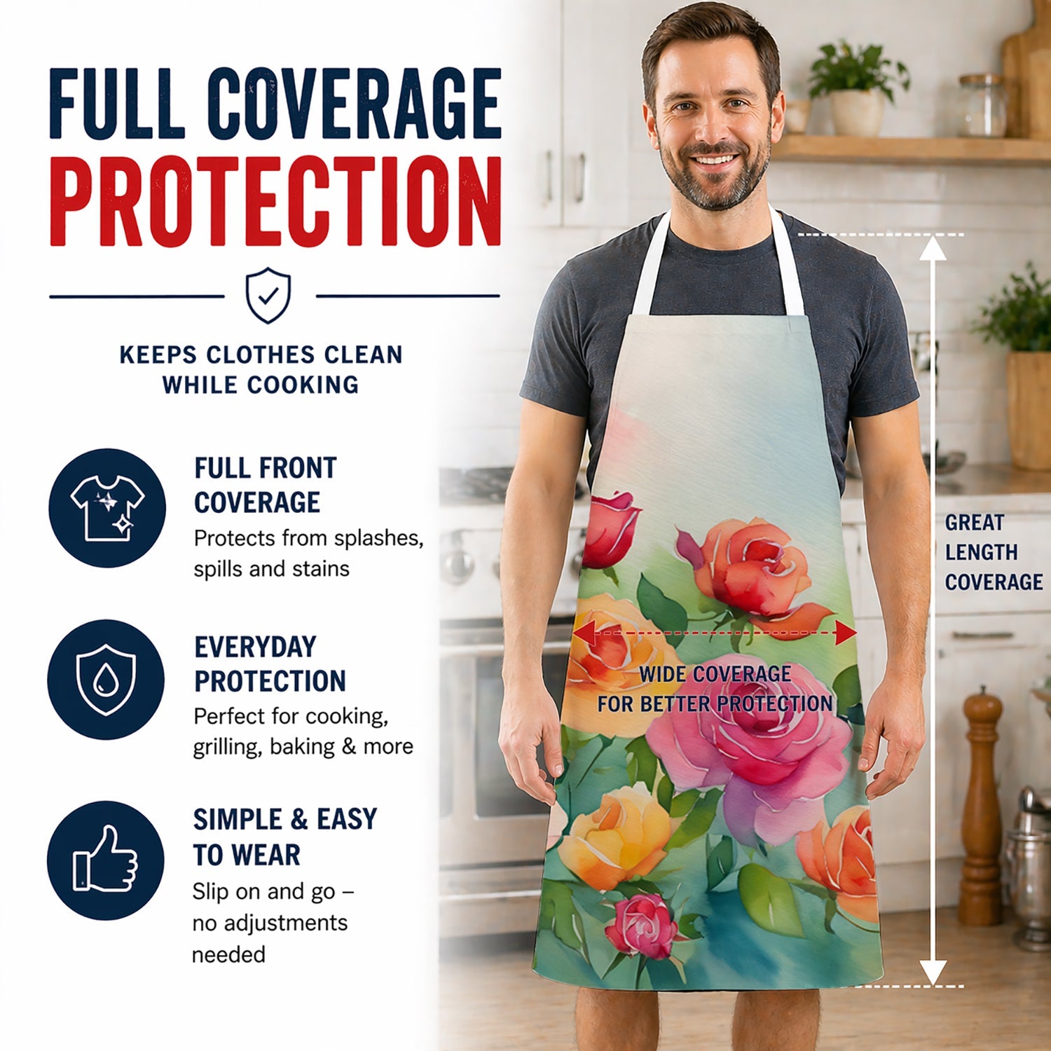 Roses in Watercolor Apron Cooking Kitchen Server Baking Crafts Gardening for Adult Women Men, Unisex, Large, Multicolor