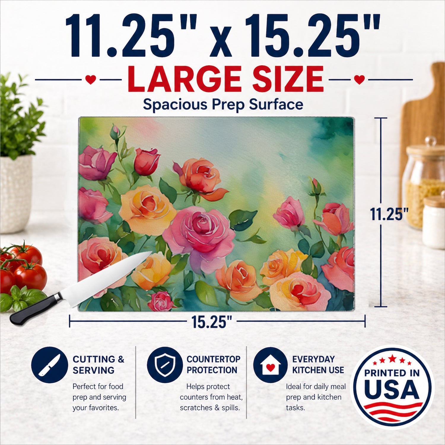 Roses in Watercolor Cutting Board Tempered Glass Kitchen Cutting Surface, Heat Resistant Chopping, Non-Slip Feet, Food Prep & Serving