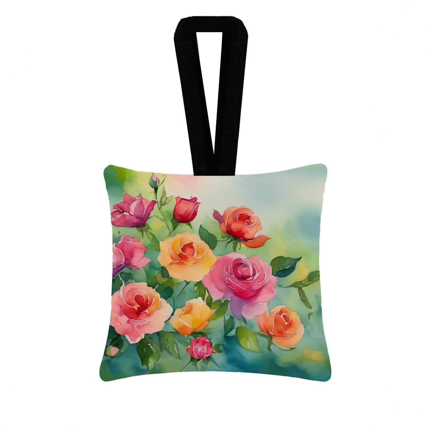 Roses in Watercolor Hanging Square Fabric Ornament 3.5 × 3.5 Decorative Door-Knob & Tree Hanger, Soft Fabric