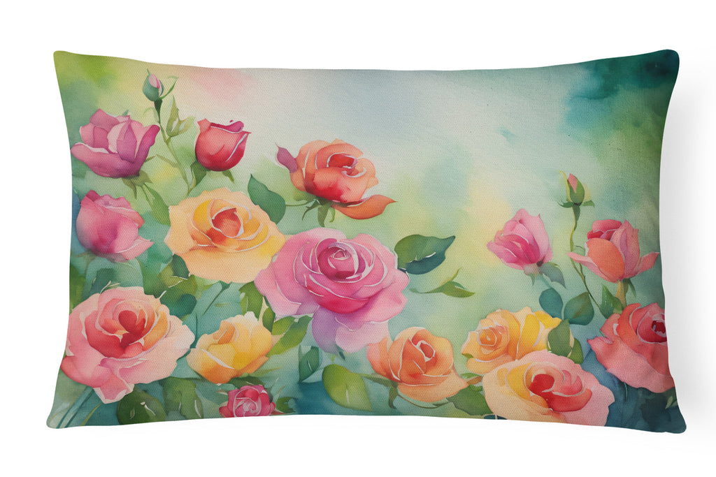 Roses in Watercolor Decorative Throw Pillow 12x16 Indoor Outdoor Accent Cushion, Fabric Cover with Insert for Sofa, Bed, Porch & Living Room