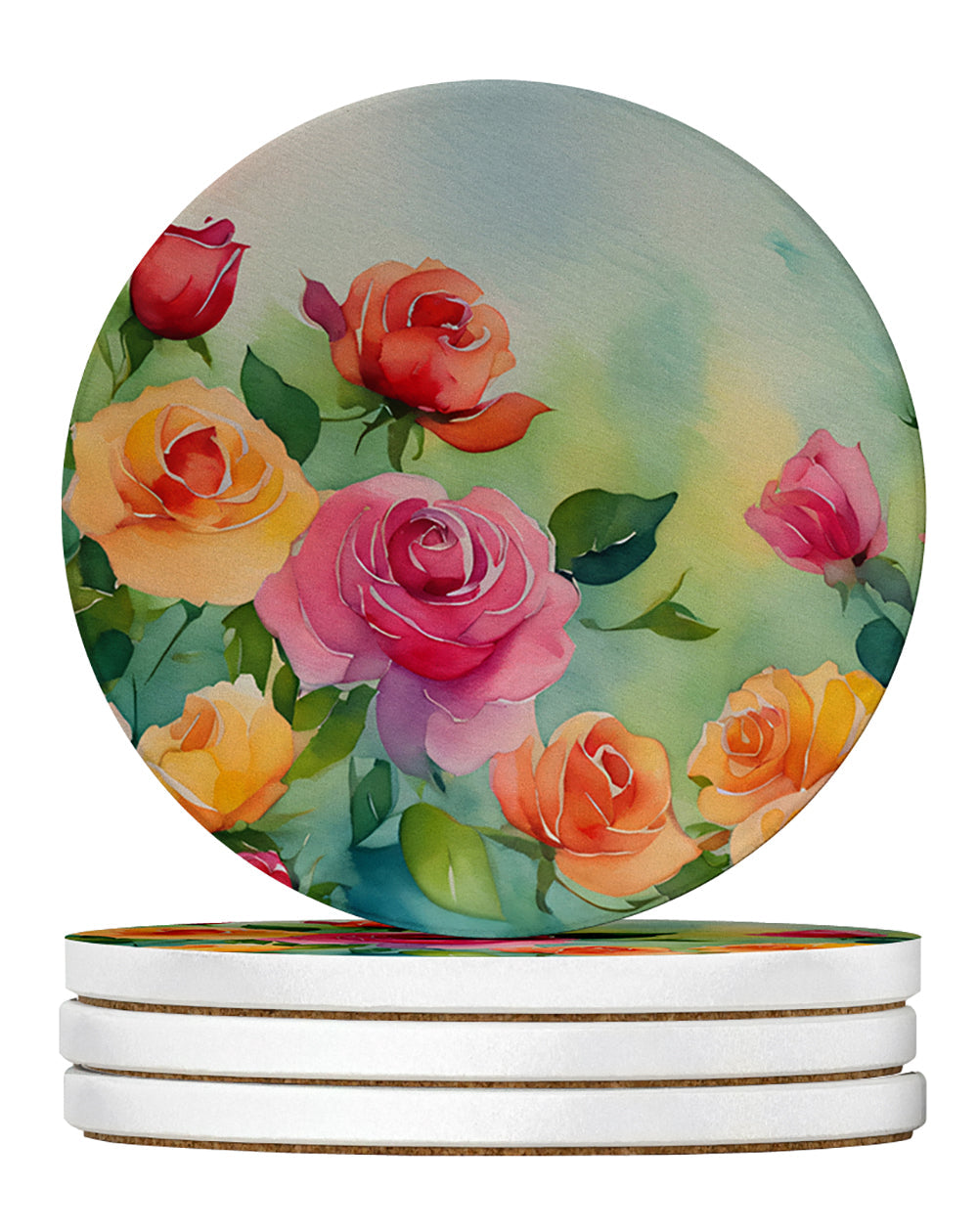 Roses in Watercolor Large Sandstone Coasters Pack of 4 Absorbent Round Coasters Decor Gifts for Men or Women, 4 in, Multicolor