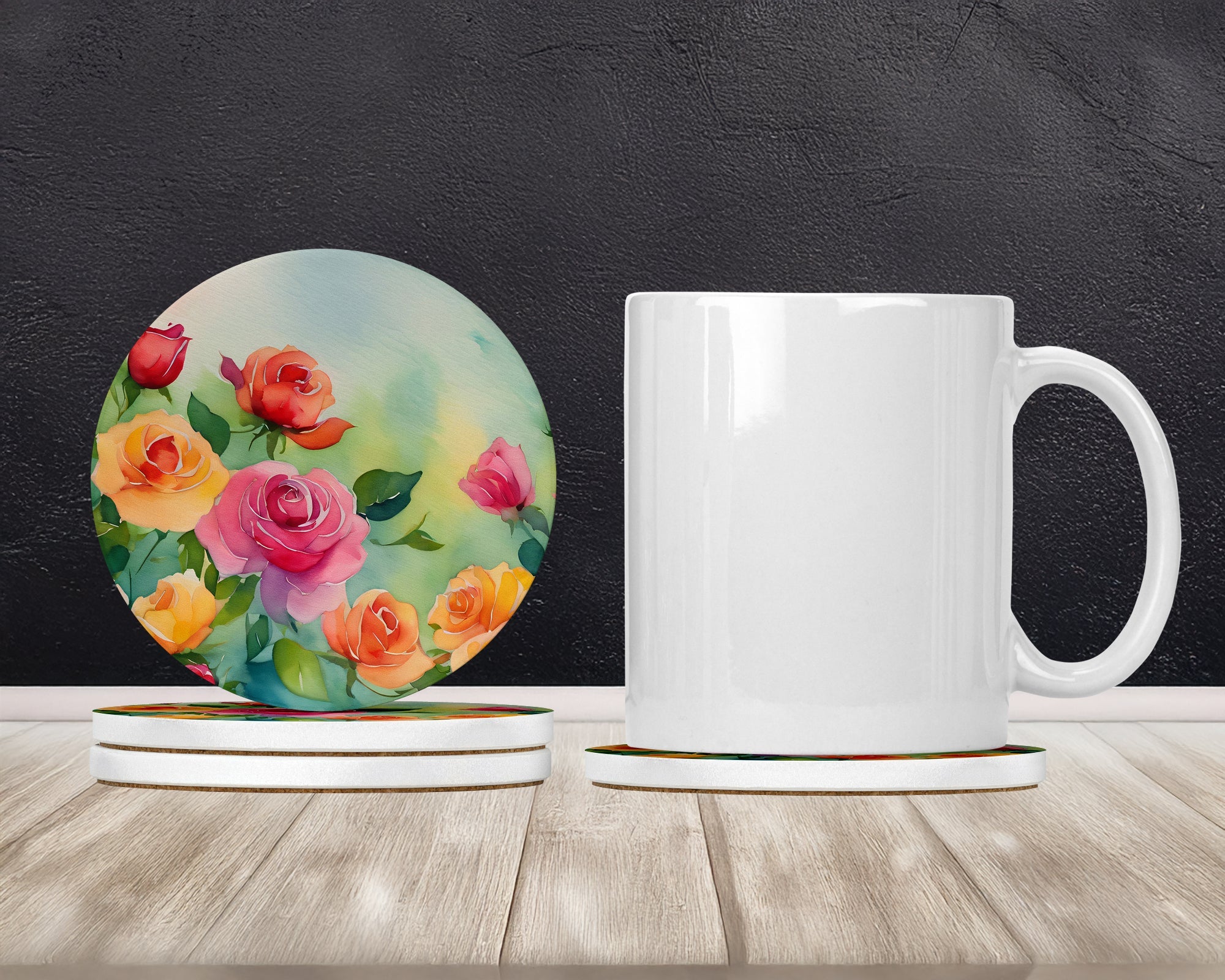 Roses in Watercolor Large Sandstone Coasters Pack of 4 Absorbent Round Coasters Decor Gifts for Men or Women, 4 in, Multicolor