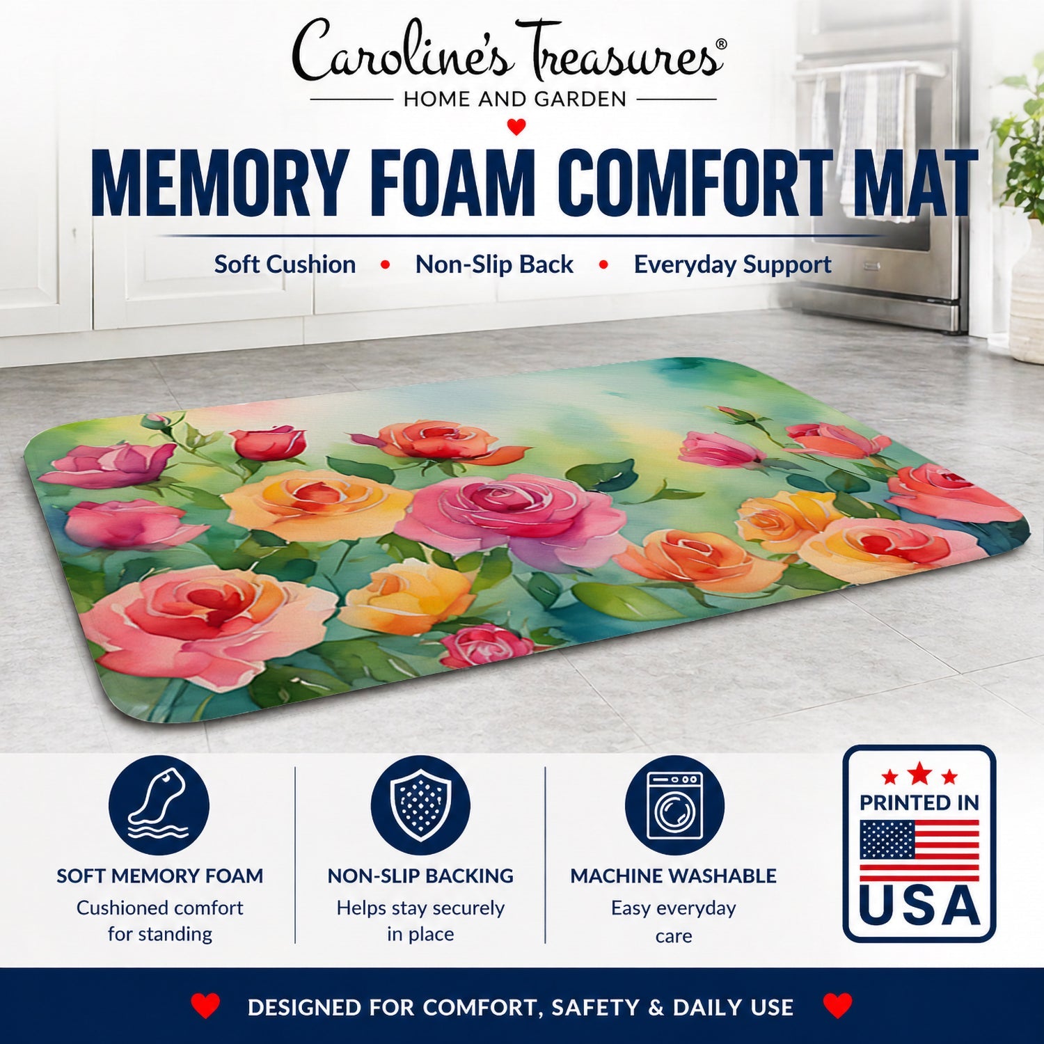 Roses in Watercolor Memory Foam Kitchen Mat Machine Washable Anti-Fatigue Cushion Comfort Bath or Kitchen Rug